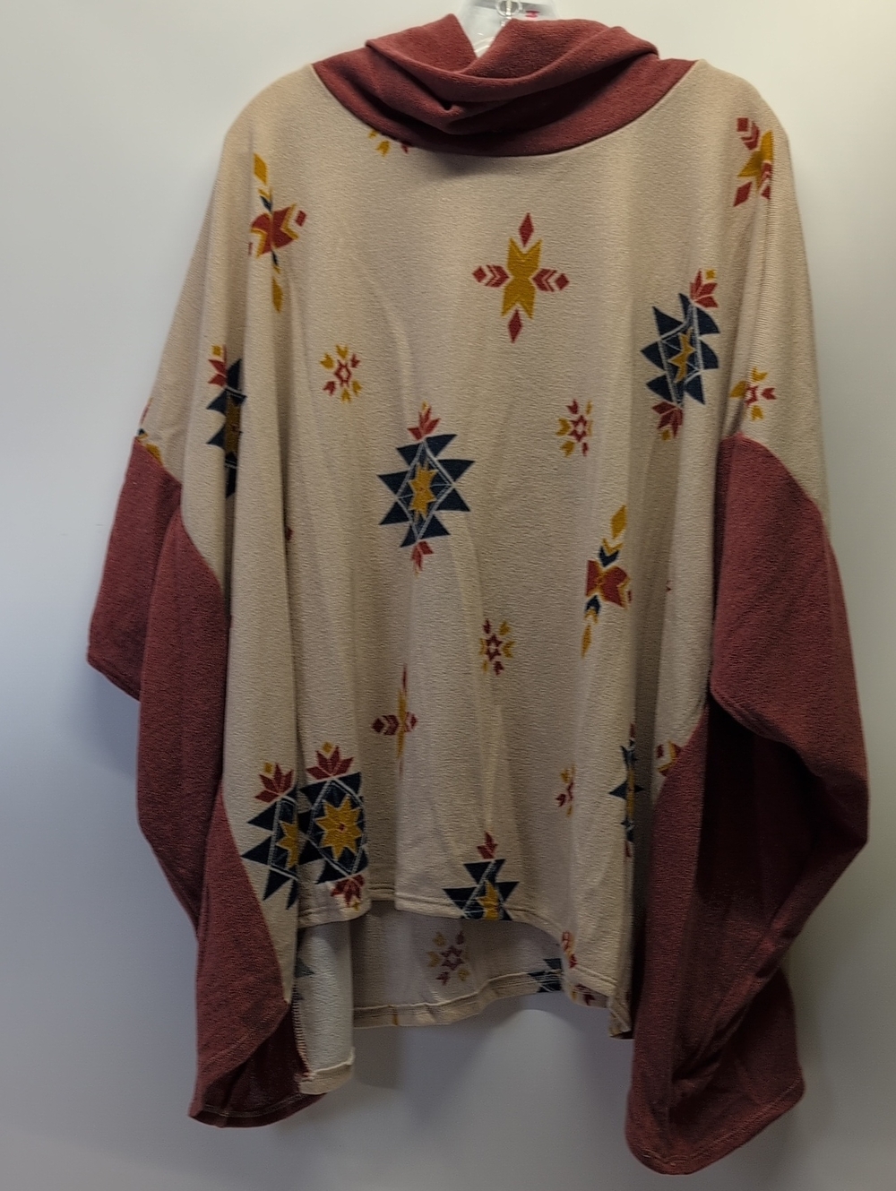 Cream Aztec-Print Poncho with Dusty Rose Trim